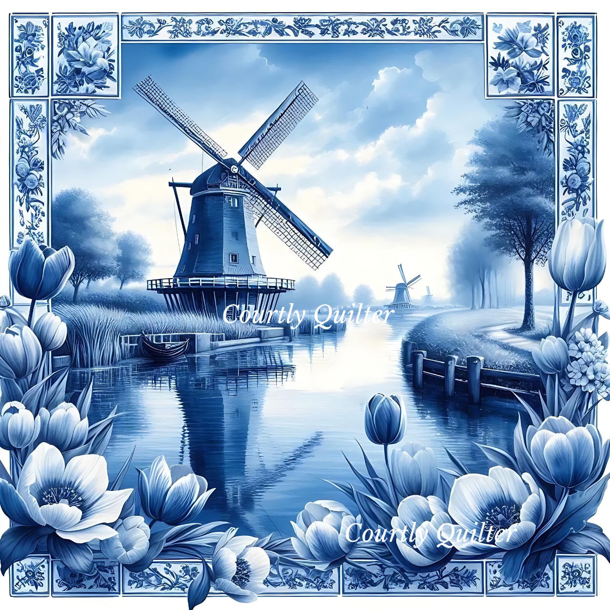 Decorative image of a windmill with floral and tile border, Courtly Quilter