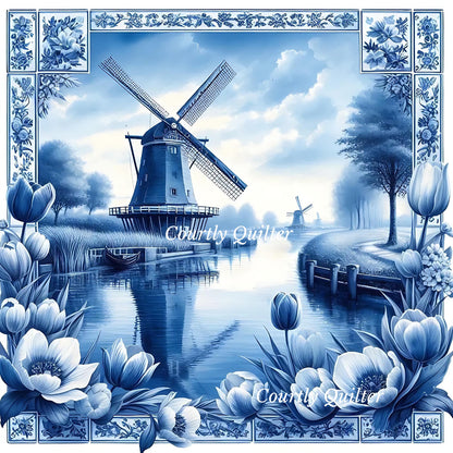 Decorative image of a windmill with floral and tile border, Courtly Quilter
