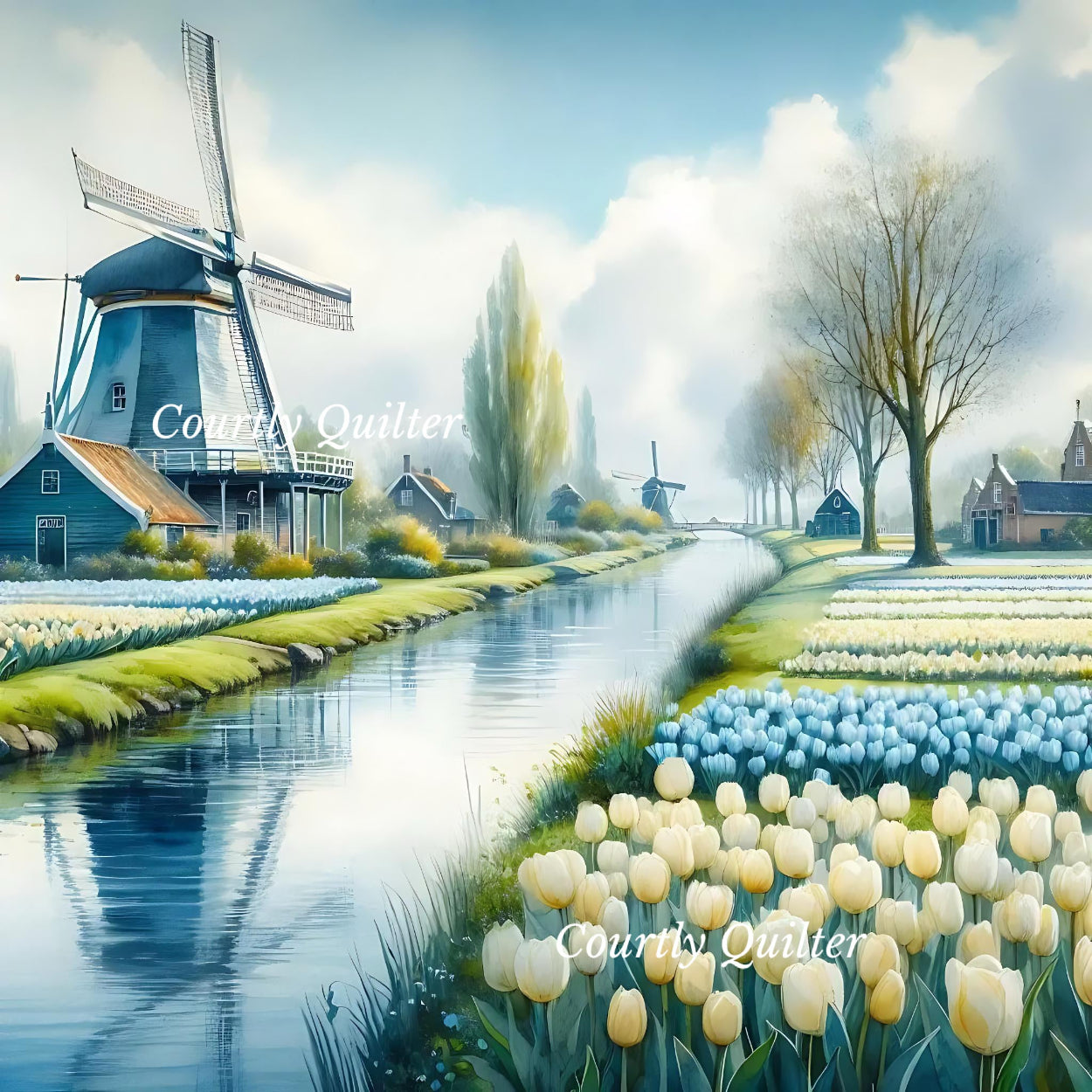 Scenic landscape with a windmill, yellow & blue tulips, and a canal, Courtly Quiter