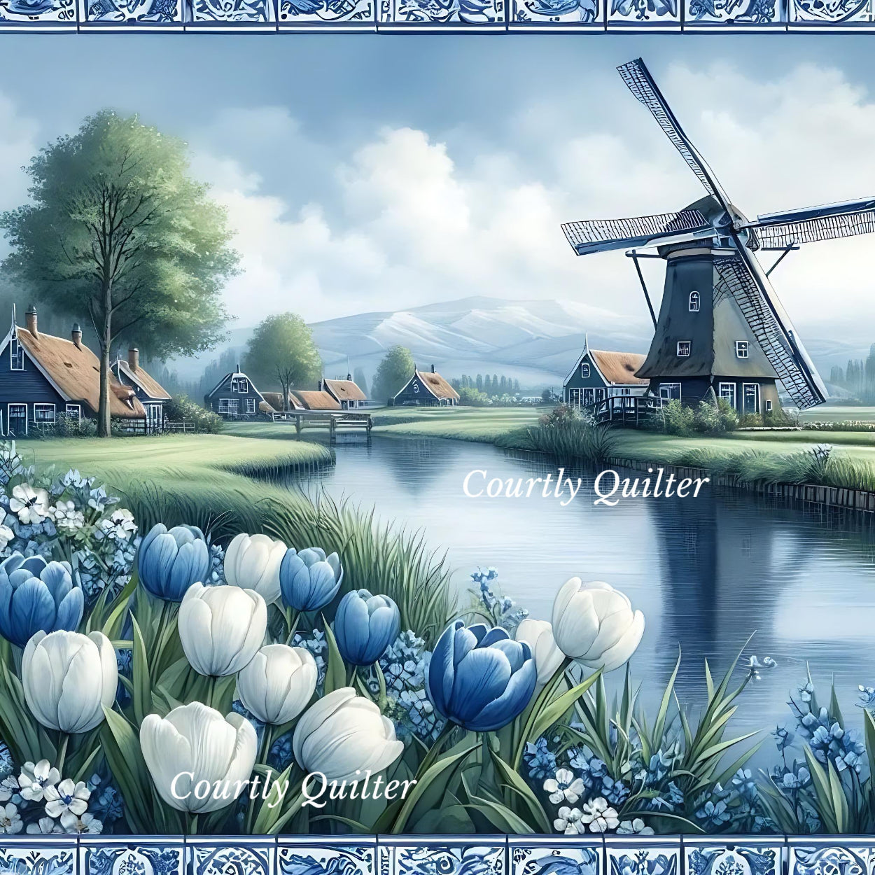 Scenic landscape with a windmill, houses, tulips, tile border, Courtly Quilter