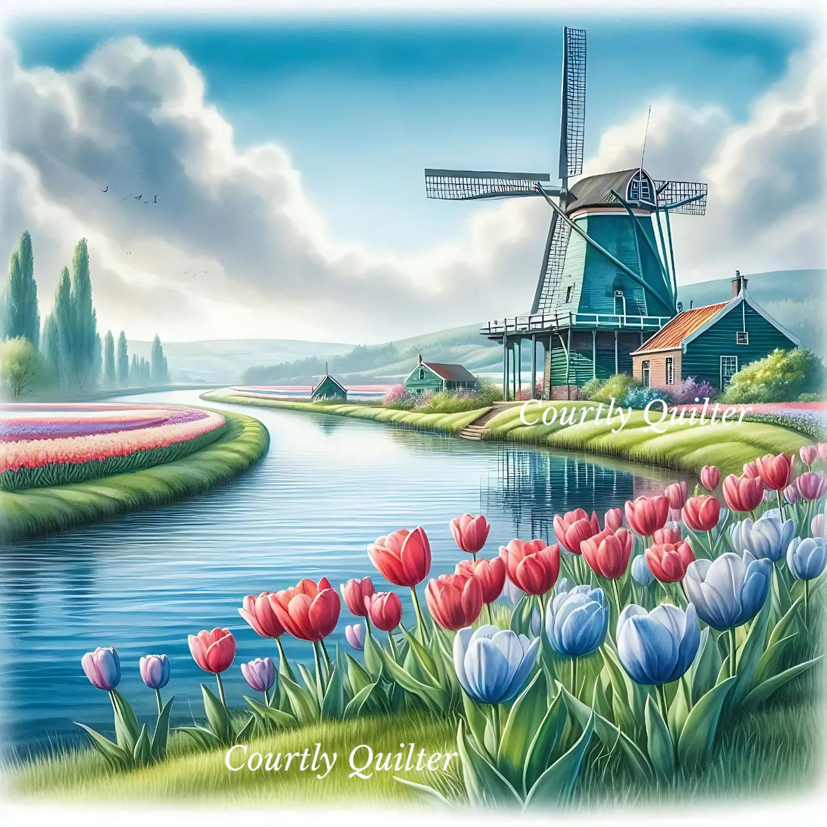 Colorful painting of a windmill by canal with pink & blue tulips, Courtly Quilter 