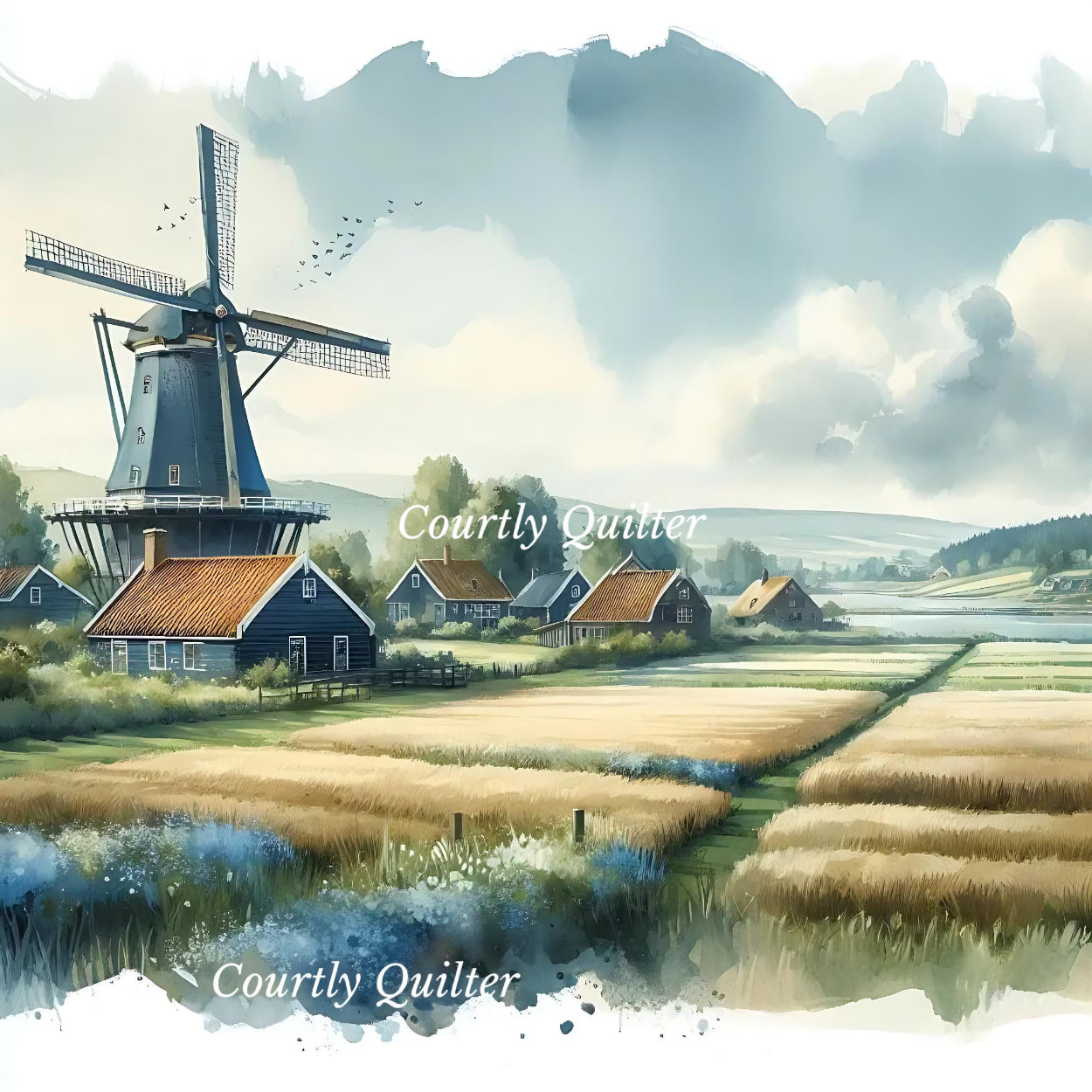 Scenic landscape with a windmill and houses, grain fields, Courtly Quiter