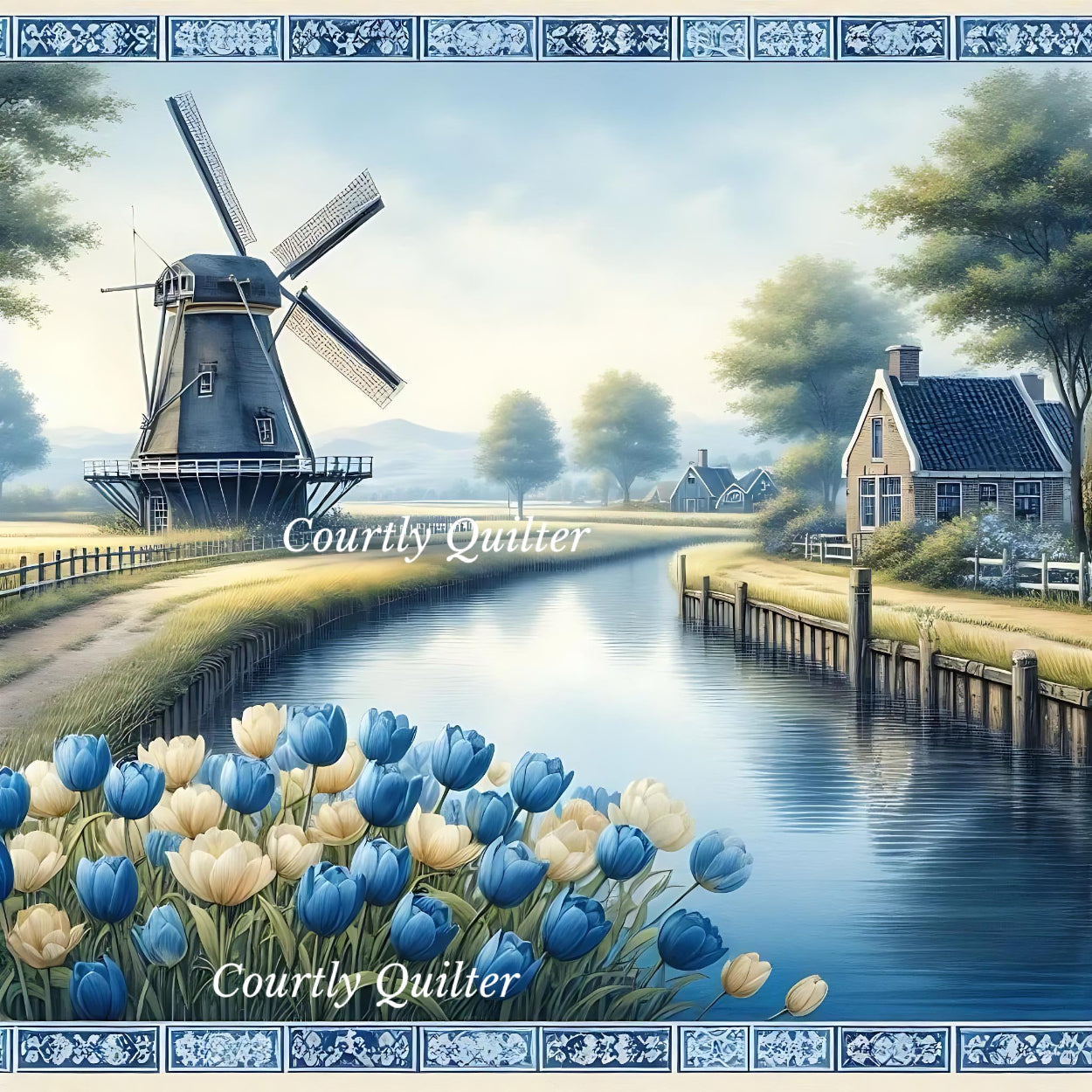 Scenic painting of a windmill and house by a canal with white & blue tulips, Courtly Quilter