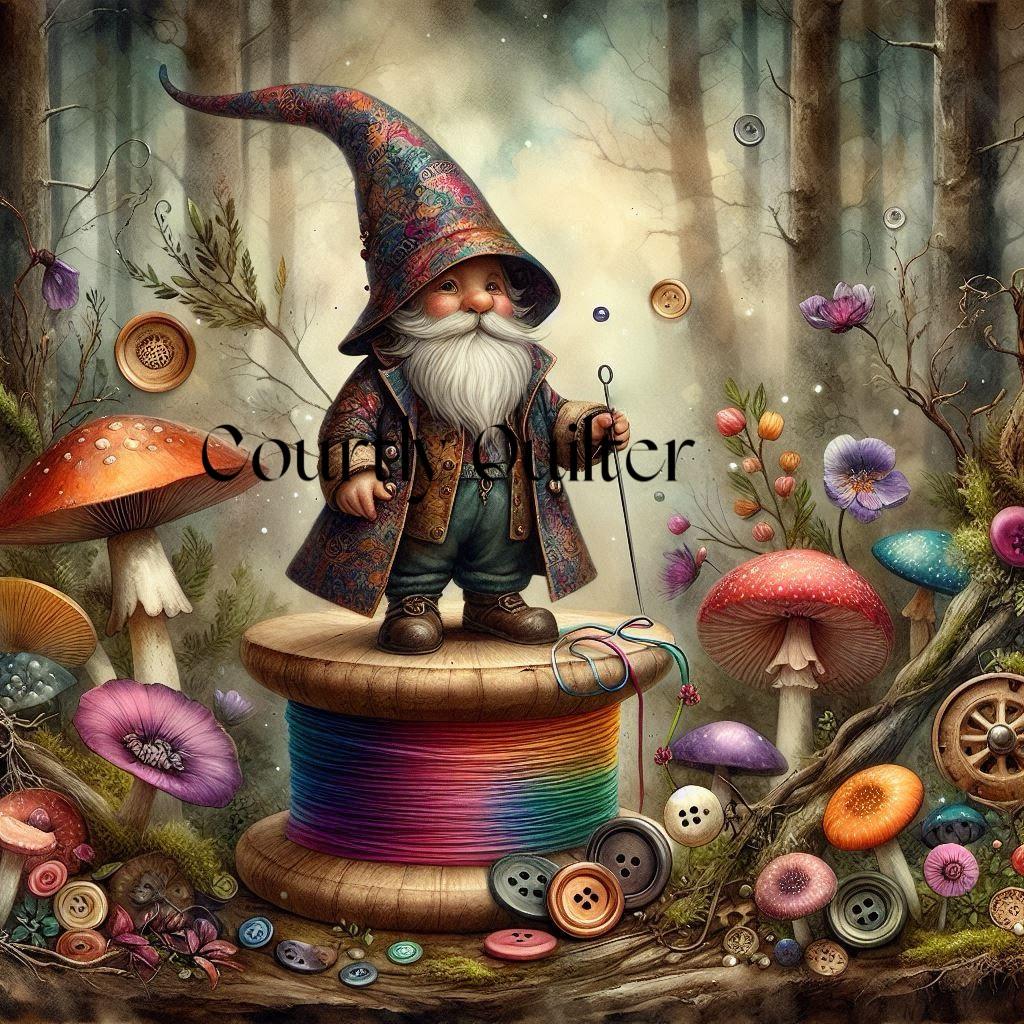 Courtly Quilter gnome with spool of thread in mythical forest