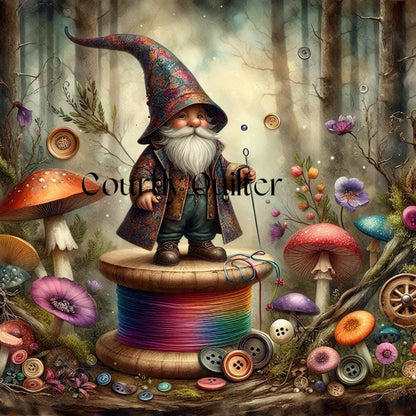 Courtly Quilter gnome with spool of thread in mythical forest