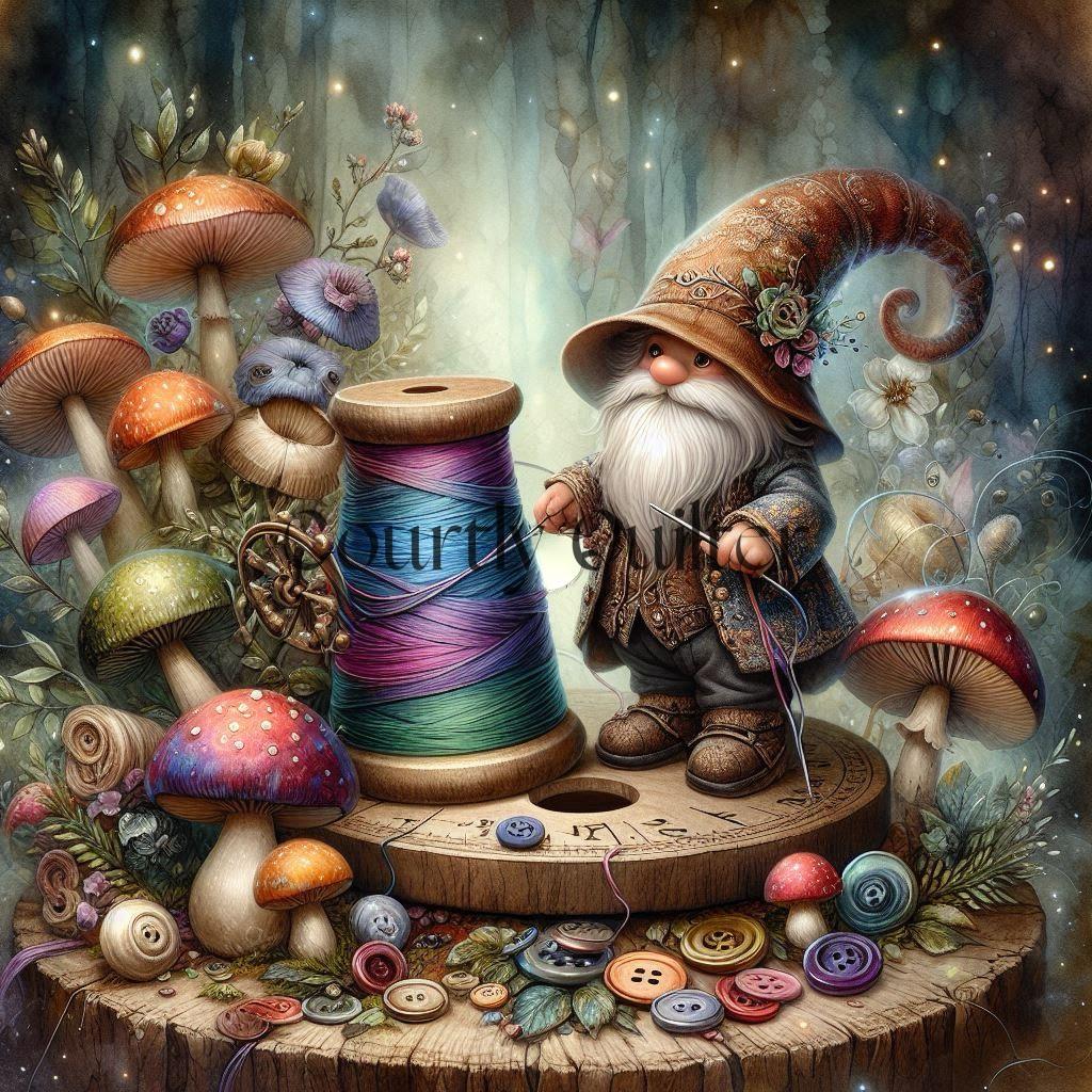 Courtly Quilter gnome with spool of thread in mythical forest