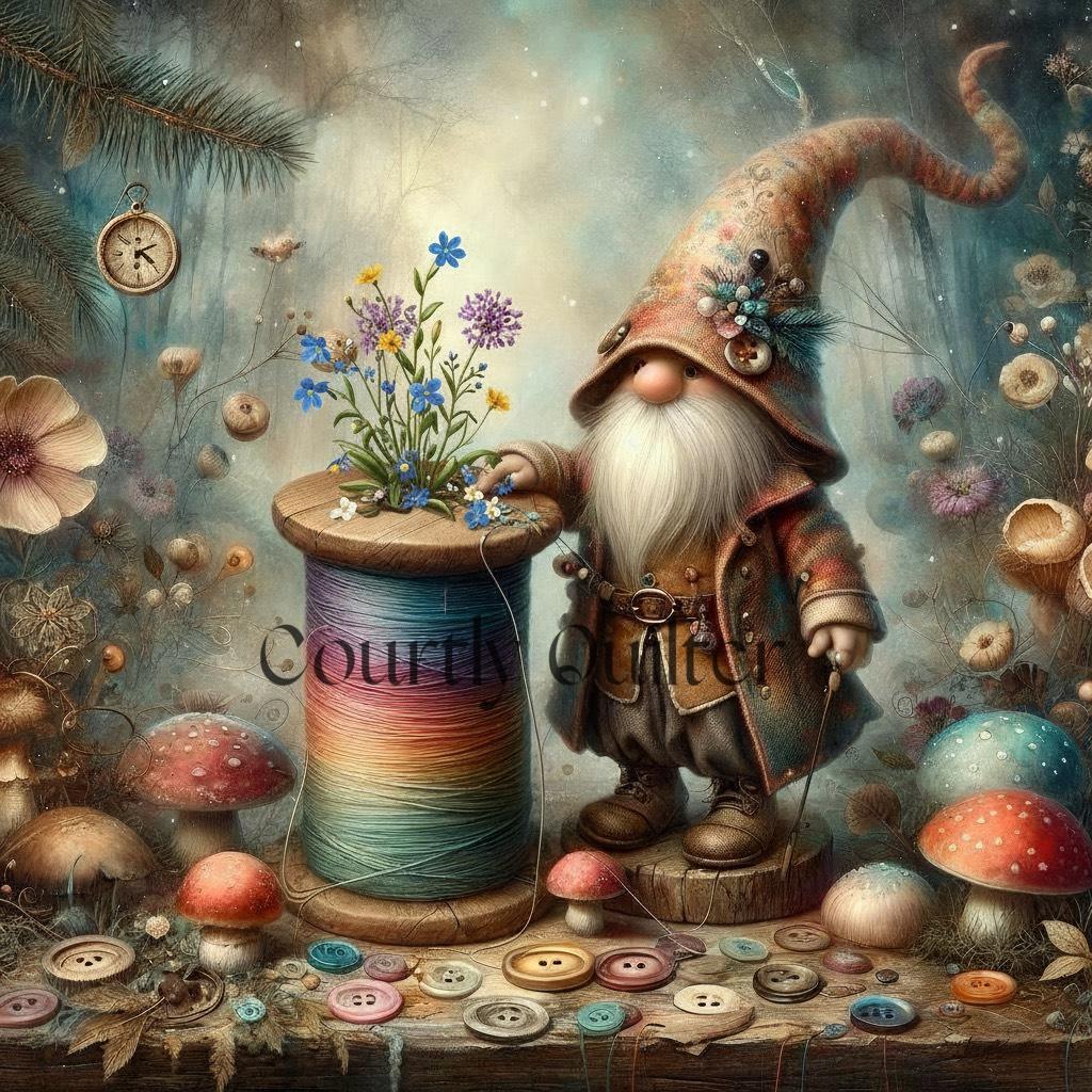 Courtly Quilter gnome with spool of thread in mythical forest