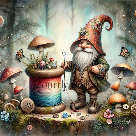 Courtly Quilter gnome with spool of thread in mythical forest