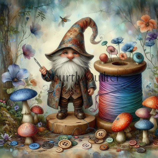 Courtly Quilter gnome with spool of thread in mythical forest