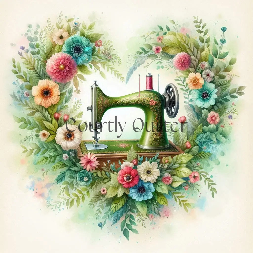 Courtly Quilter heart floral spray and green sewing machine 